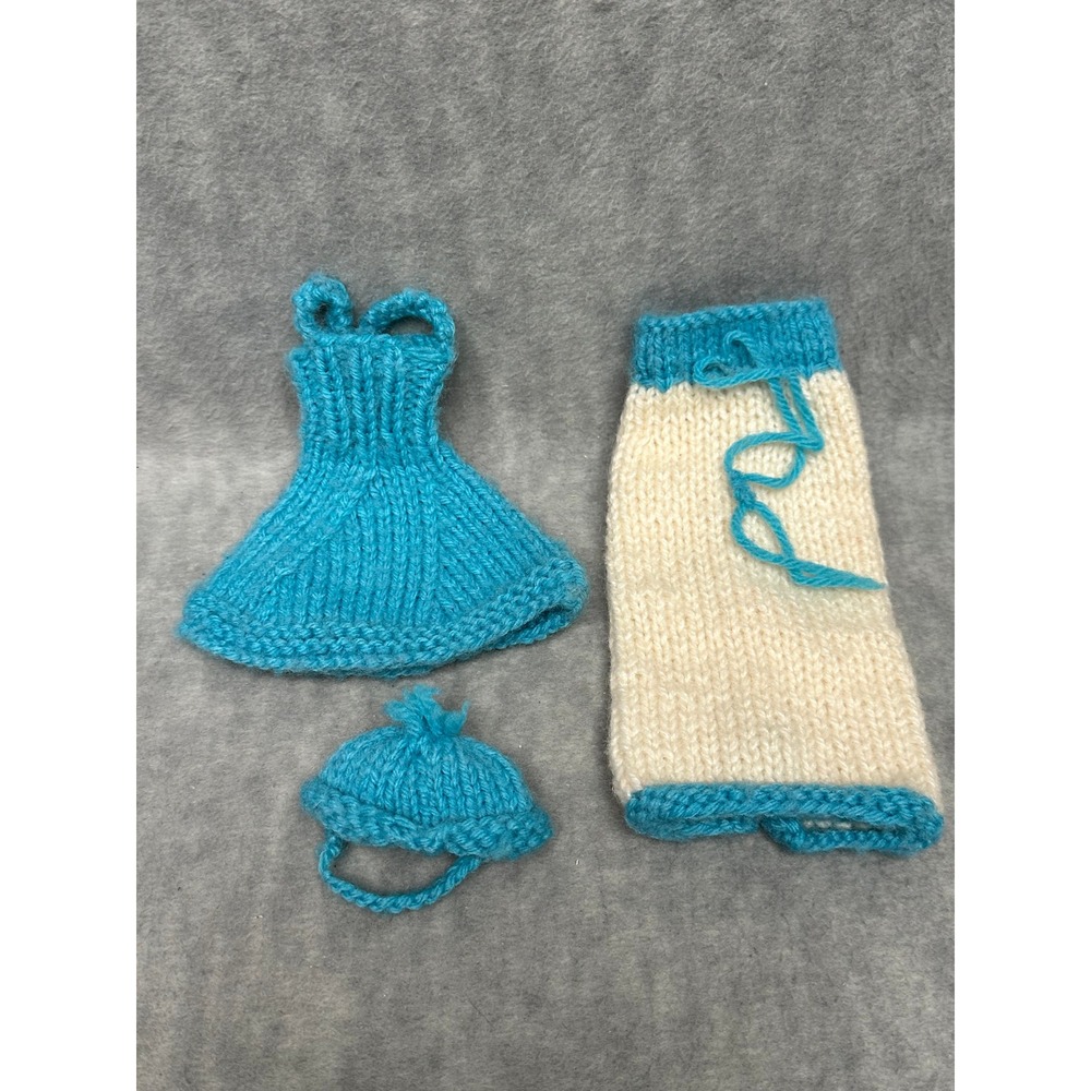Handmade Barbie‎ Doll Knit Clothes 9 Pieces Blue Orange Red Cream Skirt Hat Set